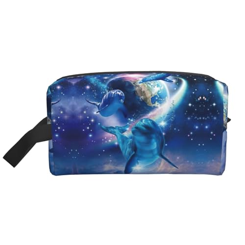 Kulturbeutel mit Galaxie-Delfin-Druck, für Herren, Kosmetiktasche, geräumige Kapazität, Reise-Kulturbeutel für Damen, weiß, Einheitsgröße von EdWal