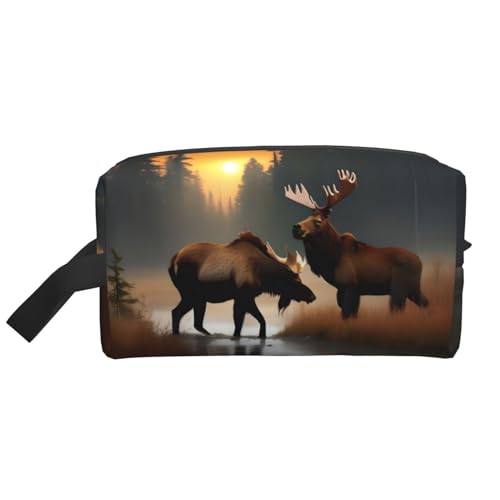 Kulturbeutel mit Hirschbär-Elch-Aufdruck, Kosmetiktasche, geräumige Kapazität, Reise-Kulturbeutel für Damen, weiß, Einheitsgröße von EdWal