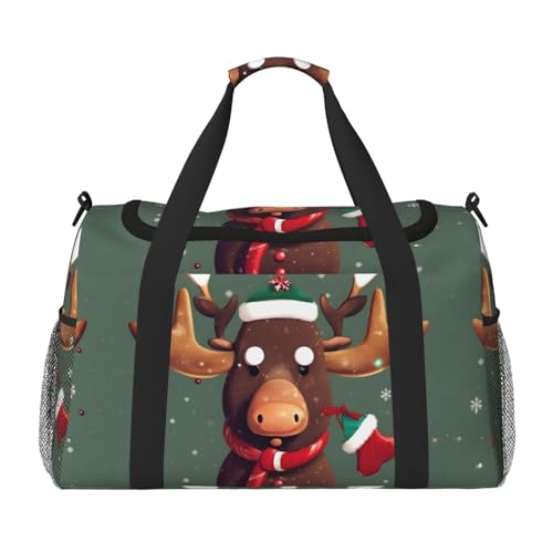 Lustige Weihnachtstasche mit Elchkopf-Aufdruck für Damen, Reisetasche, persönliche Gegenstände, Reisetasche, Gepäcktasche, Reisezubehör, Schwarz , Einheitsgröße von EdWal