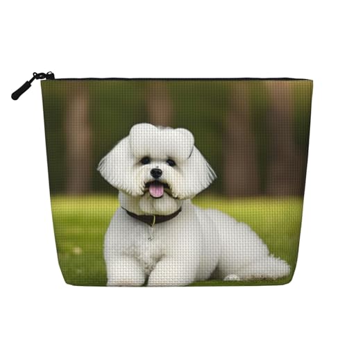 Make-up-Tasche mit niedlichem Bichon-Frisé-Hunde-Aufdruck, tragbare Kosmetiktasche, Kulturbeutel, geräumiger Reise-Make-up-Organizer, Schwarz , Einheitsgröße von EdWal