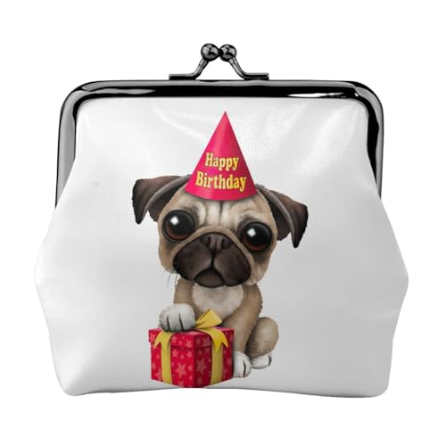 Münzgeldbörse mit niedlichem Aufdruck "Happy Birthday" mit Mops-Motiv, Kleingeldbörse mit Kussschloss, kleine Vintage-Tasche für Männer und Frauen, Schwarz , Einheitsgröße, Münztasche von EdWal