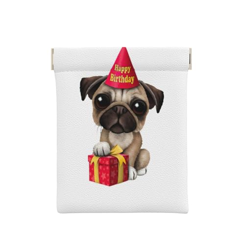 Münztasche aus Leder mit Delfin-Aufdruck, für Herren, Münzbörse für Damen, Mini-Geldbeutel, Schwarz, Niedlicher Mops-Welpe mit Aufschrift "Happy Birthday", Einheitsgröße, Münztasche von EdWal