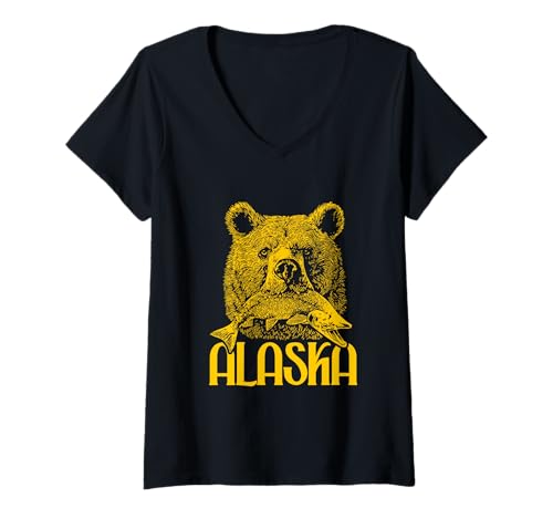 Damen Alaska Bär mit Lachs Fisch Alaska Naturliebhaber Vintage T-Shirt mit V-Ausschnitt von Edana in America