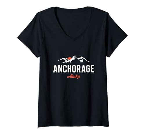 Damen Anchorage Alaska Mountains Bär und Sonne Minimalistisch Outdoor T-Shirt mit V-Ausschnitt von Edana in America