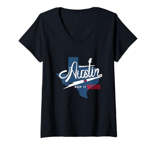 Damen Austin Novelty Typografie mit Gitarre Texas TX Map Vintage T-Shirt mit V-Ausschnitt Damen Austin Novelty Typografie mit Gitarre Texas TX Map Vintage T-Shirt mit V-Ausschnitt von Edana in America