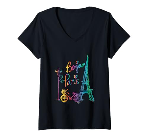 Damen Bunte Eiffelturm Straßenlaterne und Fahrrad Vintage Paris T-Shirt mit V-Ausschnitt von Edana in America