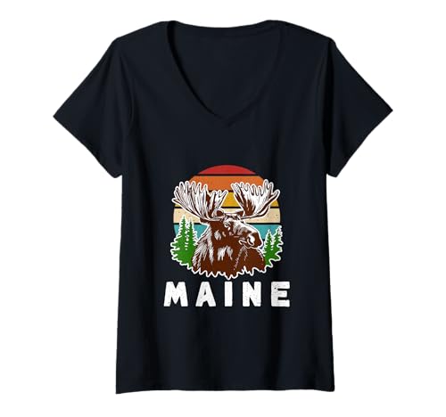 Damen EIN Maine Elch und Retro Sunset Acadia National Park Vintage T-Shirt mit V-Ausschnitt Damen EIN Maine Elch und Retro Sunset Acadia National Park Vintage T-Shirt mit V-Ausschnitt von Edana in America