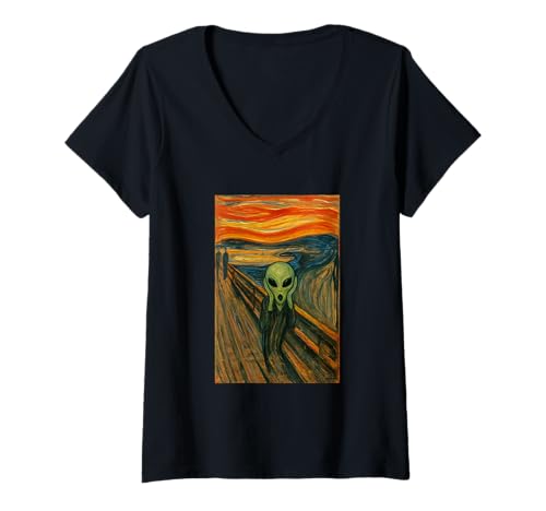 Damen EIN grüner Alien im Schrei von Edvard Munch Funny Alien UFO T-Shirt mit V-Ausschnitt Damen EIN grüner Alien im Schrei von Edvard Munch Funny Alien UFO T-Shirt mit V-Ausschnitt von Edana in America