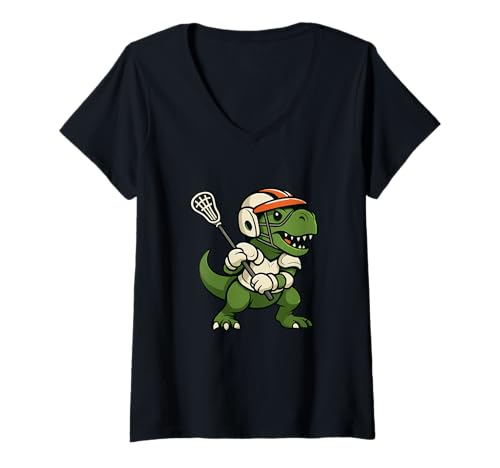 Damen T-rex spielt Lacrosse Funny Dinosaurier Lacrosse Player LAX T-Shirt mit V-Ausschnitt Damen T-rex spielt Lacrosse Funny Dinosaurier Lacrosse Player LAX T-Shirt mit V-Ausschnitt von Edana in America