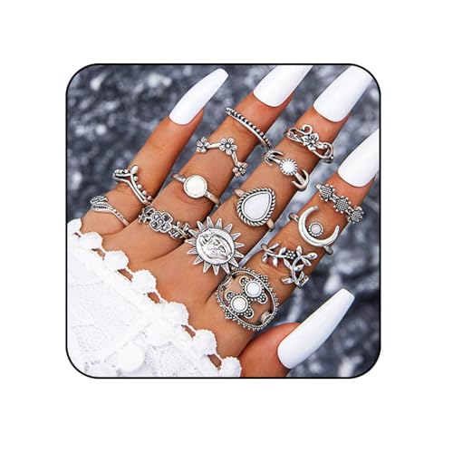 Edary 14 Stück Vintage-Sonnenringe mit floralen geschnitzten Gelenkknöchelringen, Set aus Kristallen, stapelbar, Schmuck für Frauen und Mädchen, 14 Count (Pack of 1), Silber Gold Silber von Edary