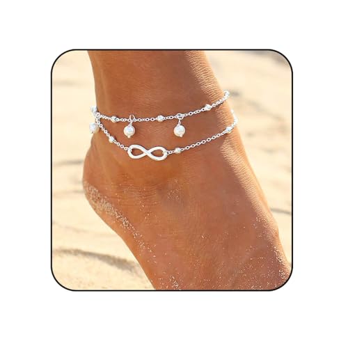 Edary Boho Doppelherz Kristall Fußkettchen Vintage Perlenkette für Strand auch als Armband Schmuck für Frauen und Mädchen (Silver 6) von Edary