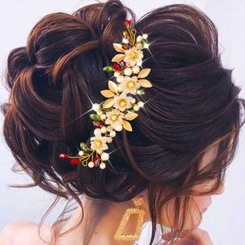 Edary Haarschmuck Hochzeit Gold Blume Haar Rebe Perlen Blatt Brautschmuck für Damen von Edary