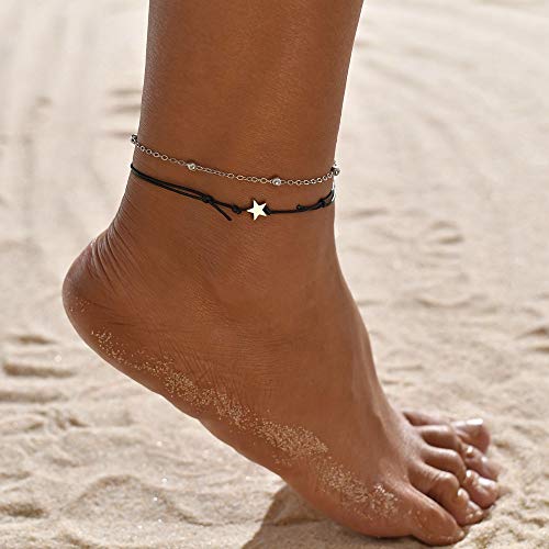 Edary Boho-Perlen-Fußkettchen, Silber, Surfer-Fußkettchen, handgefertigt, Strand, verstellbarer Fußschmuck für Frauen und Mädchen (Stern) von Edary