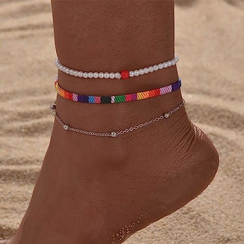 Edary Boho geschichtete Perlen-Fußkettchen, Silberperlen, Fußkettchen, ethnisches Seil, Kette, Strandfußkette, Schmuck für Frauen und Mädchen von Edary