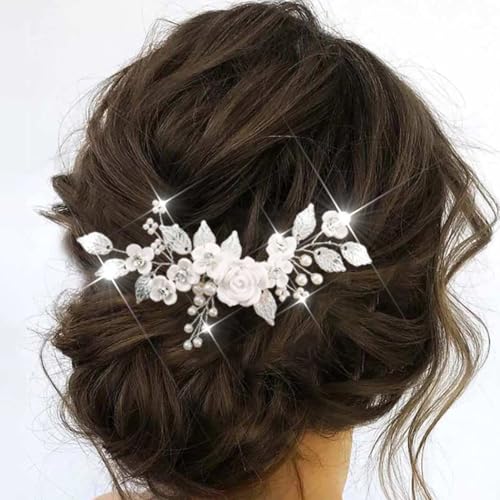 Edary Blume Haarschmuck Hochzeit Silber Perlen Haarklammer Blatt Braut Haarspange für Frauen und Mädchen von Edary