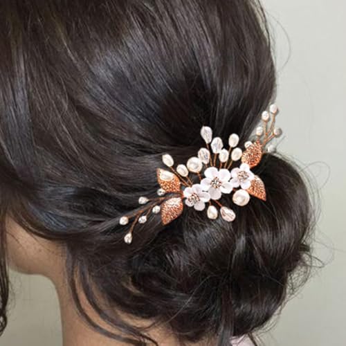 Edary Blumen Haarkamm Rosé Gold Perlen Hochzeit Haarspange Braut Haarschmuck für Frauen und Mädchen von Edary