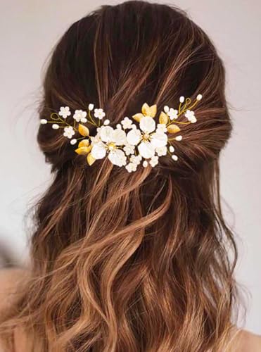Edary Hochzeit Blume Haar Rebe Gold Perle Stirnband Braut Blatt Kopfschmuck Haarschmuck für Frauen Braut von Edary