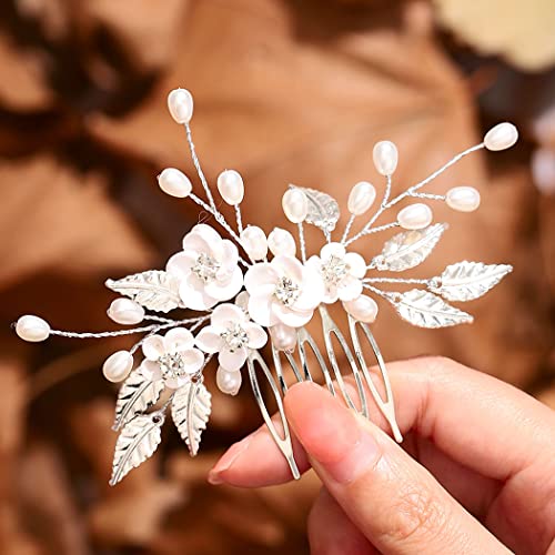 Edary Braut-Hochzeits-Haarkamm, silberfarbene Blume, Kopfschmuck, Perlen, Hochzeits-Haarspange, Brautschmuck, Strass, Haarschmuck für Damen und Mädchen von Edary