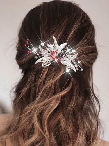 Edary Braut Hochzeit Haarkamm Silber Schmetterling Kopfschmuck Blak Perle Hochzeit Seitenkamm Blatt Braut Haarschmuck für Frauen und Mädchen von Edary
