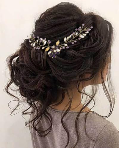 Edary Braut Hochzeit Haarranke Lila Strass Braut Haarteil Kristall Haarschmuck Hochzeit Blatt Stirnband für Frauen und Mädchen von Edary