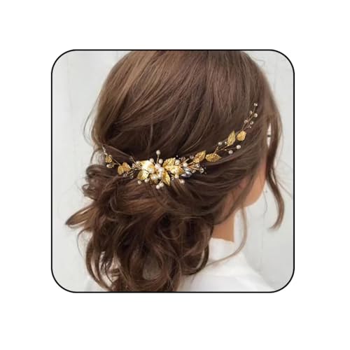 Edary Brautschmuck Blume Hochzeit Kopfschmuck Gold Hochzeit Haarschmuck Perlen Haar Rebe Blatt für Frauen und Mädchen von Edary