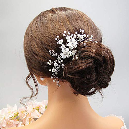 Edary Brautschmuck Hochzeit Blume Haarkamm Silber Kristall Braut Kopfschmuck Perle Haarclips Perlen Haarschmuck für Frauen und Mädchen (Silber 1) von Edary