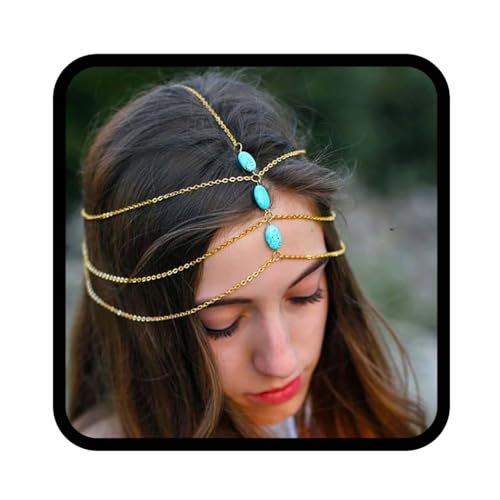 Edary Bridal Boho Quaste Kopf Kette Gold Türkis Kopfschmuck Prom Festival Front Kette Hochzeit Haarschmuck Party Bauchtanz Kopf Bijoux pour femmes et filles von Edary