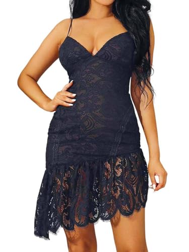 Edary Damen Spitze Partykleid Cocktailkleid V-Ausschnitt Wickelkleid Hochzeit Ärmellos Spaghettiträger Ballkleider (M) von Edary