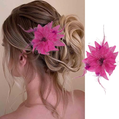 Edary 2 Stück Feder Blume Haarspangen Perle Fascinator Haarnadel Corsage Barrettes und Pins Rose Haarschmuck Clip elastisch Hochzeit für Frauen und Mädchen(Schwarz und Rot) (Rosa) von Edary