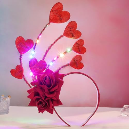 Edary Herz Haarreif leuchtende Valentinstag Stirnband LED Halloween Haarschmuck Pailletten Haarband Blume Kopfbedeckung für Festival Party Haarschmuck (Rot) von Edary