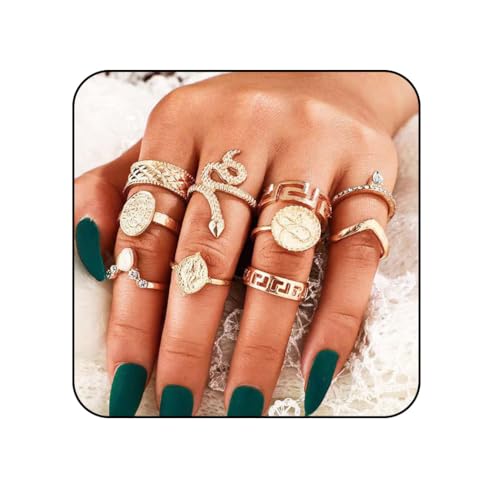 Edary 10 Stück Vintage Schlange Ring Gold Geschnitzt Gelenk Knöchel Ringe Set Kristall Stapelbare Ringe Schmuck für Frauen und Mädchen von Edary