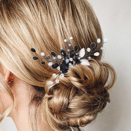 Edary Schwarzer Braut-Haarkamm mit Kristall-Kopfschmuck, Retro-Perlen, Hochzeitskamm, Blatt-Haarschmuck für Frauen und Mädchen von Edary