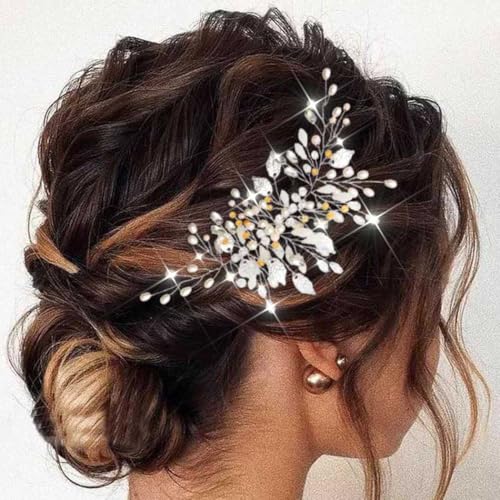 Edary Silberne Braut Hochzeit Haarrebe Perle Braut-Haarteil Strass Haarschmuck Blatt Kopfschmuck Schmuck für Frauen und Mädchen von Edary