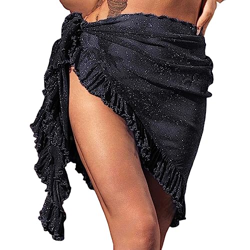 Edary Strandvertuschung Rüschen Badeanzug Röcke Glänzend Bikini Wrap Sarong Cover Ups Strandkleidung Abdeckung für Frauen und Mädchen (Schwarz) von Edary