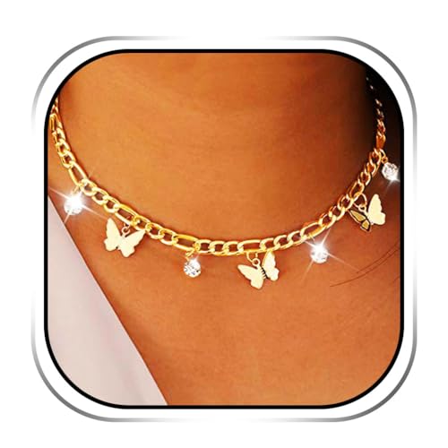 Edary Retro Schmetterling Kristall Kette Halskette mit Funkelndes Schmetterlingsketten Bling Hip Hop Schlüsselbein Schmuck für Damen und Mädchen (Gold) von Edary