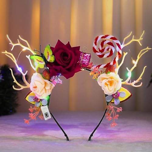 Edary Weihnachts Haarreif leuchtendes Rentier-Geweih Stirnband LED Blume Blumen, Haarband Festival Party Weihnachten Haarschmuck für Frauen und Mädchen (rot) von Edary