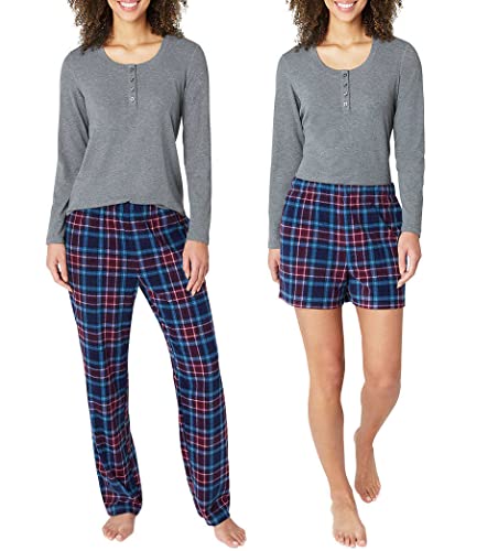 Eddie Bauer Damen 3-teiliges Waffelstrick-Pyjama-Set Langarm Henley, passende Hose & Shorts, Grau, L von Eddie Bauer