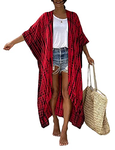 Eddoyee Damen-Badeanzug mit offener Vorderseite, lang, lockerer Druck, Strand-Kimono-Strickjacke mit Gürtel, Schwarz Rot, Einheitsgröße von Eddoyee