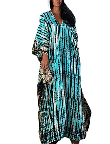 Eddoyee Plus Size Beach Kaftan Kleider für Frauen Print V-Ausschnitt Langer Badeanzug Cover Ups, A-blau, Einheitsgröße von Eddoyee
