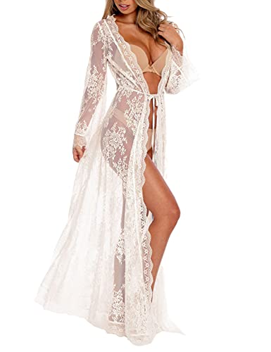 Eddoyee Sexy Spitzen-Kimonos für Damen, durchsichtig, Dessous, Robe, Nachthemd, langes Spitzenkleid, Schwimmvertuschen, Weiß, Einheitsgröße von Eddoyee