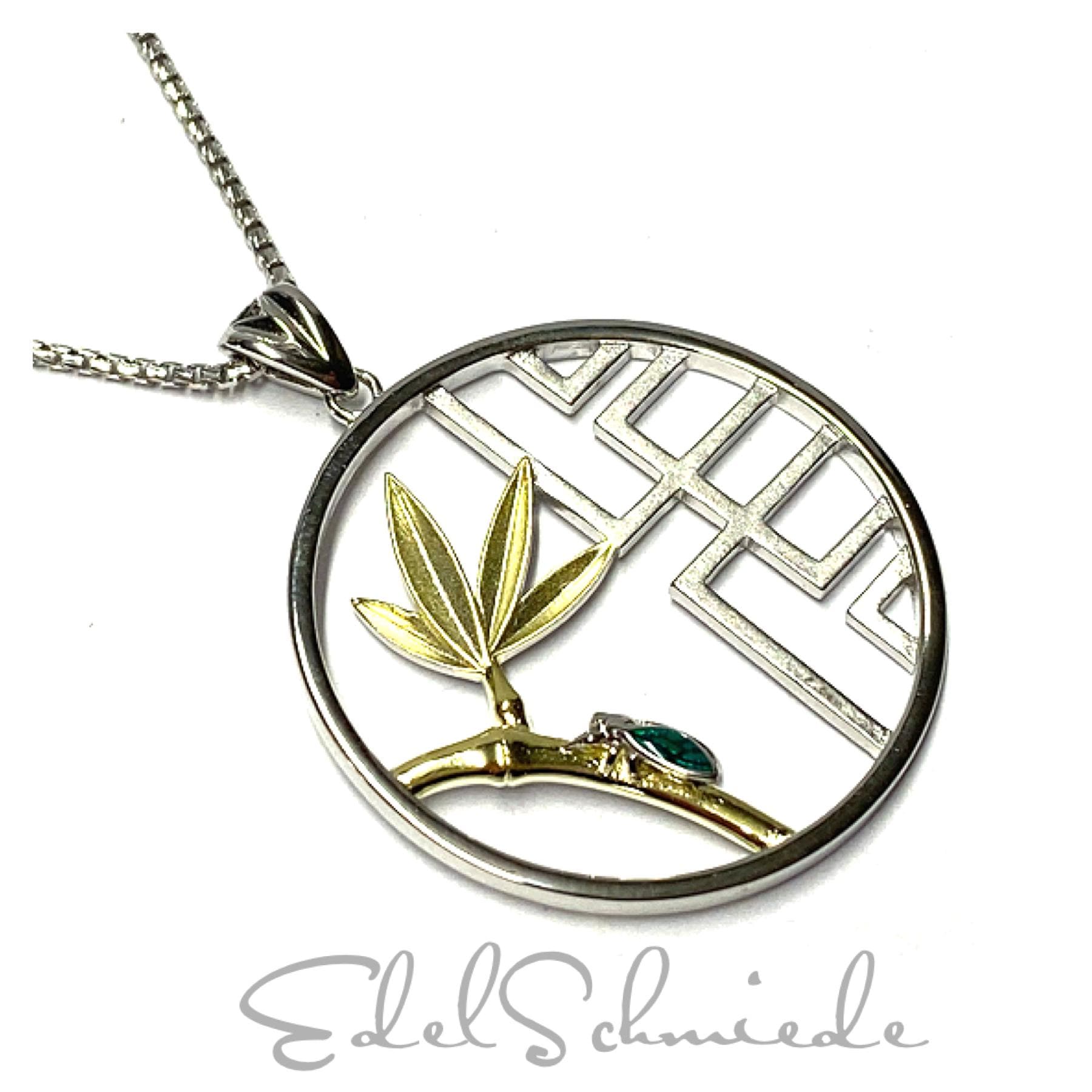 Anhänger 925/ - Silber Rhodiniert Bicolor Teilweise Matt Fliege/Larve Grün Kreis Kettenanhänger Inklusive Kette 45cm von EdelSchmiede925