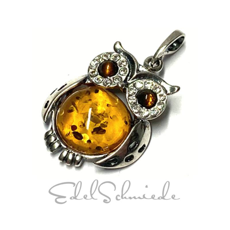Anhänger Eule 925 Silber Rhodiniert Bernstein Cabochon + Zirkonia Kettenanhänger von EdelSchmiede925