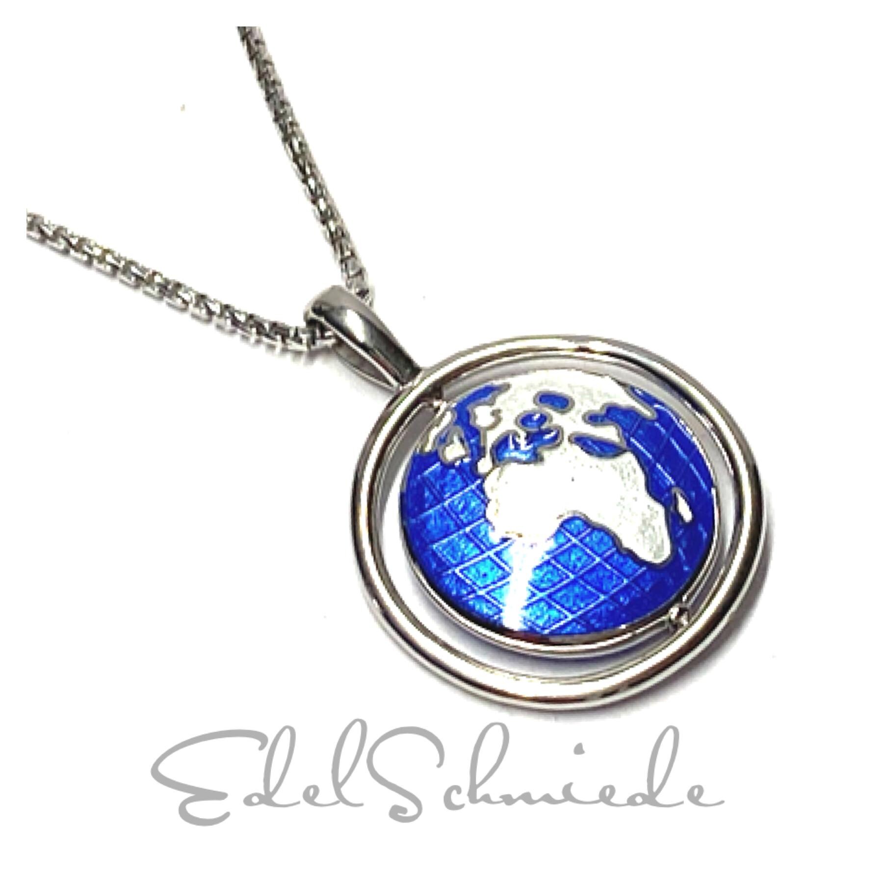 Anhänger Silber 925 Rhodiniert Emaille Blau Welt Drehbar Kettenanhänger Inklusive Kette 45cm von EdelSchmiede925
