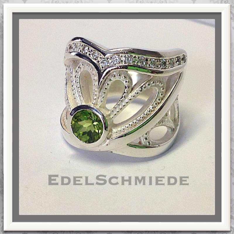 Breiter Silberring 925 Mit Zirkonia Und Peridot #58 von EdelSchmiede925