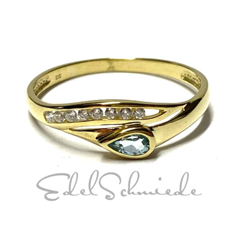 Goldring 333/ - Gold Blautopas Facettiert Tropfen + Zirkonia Schmuckring Ring #66 von EdelSchmiede925