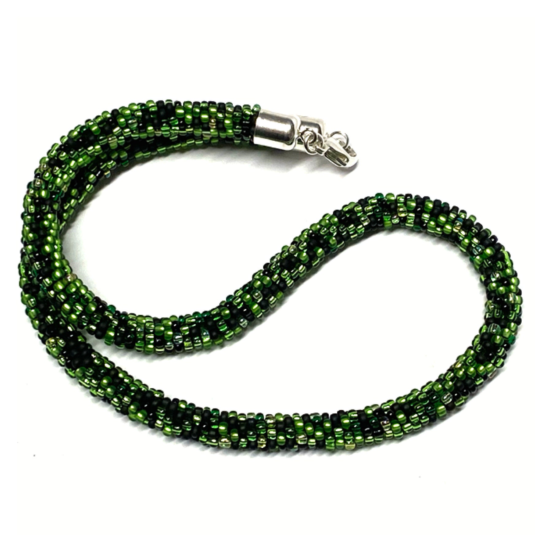 Halskette Gehäkelt Glasperlen 925 Silber Schließe Handarbeit Unikatschmuck Häkelkette 45cm Schwarz Grün von EdelSchmiede925