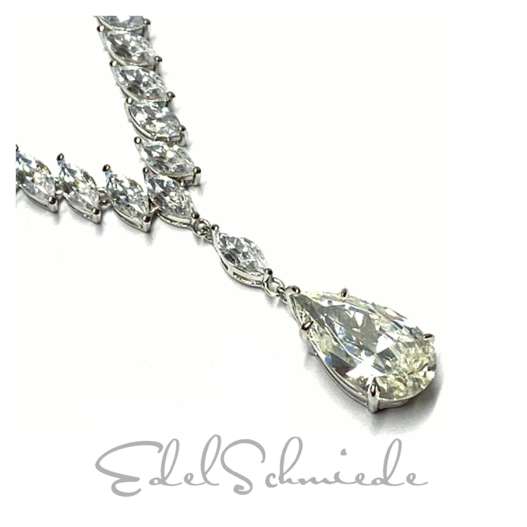 Kette 925/ - Silber Rhodiniert Zirkonia Umlaufend Großer Stein Mittelteil Tropfen Gliederkette Collier Brautschmuck 45cm von EdelSchmiede925