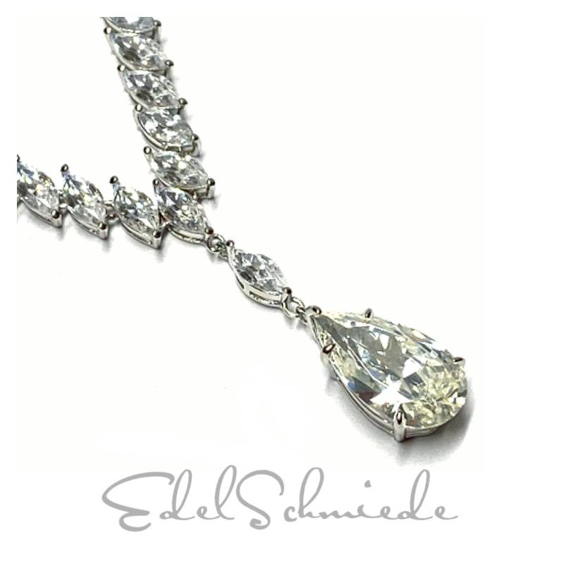 Kette 925/ - Silber Rhodiniert Zirkonia Umlaufend Großer Stein Mittelteil Tropfen Gliederkette Collier Brautschmuck 45cm von EdelSchmiede925