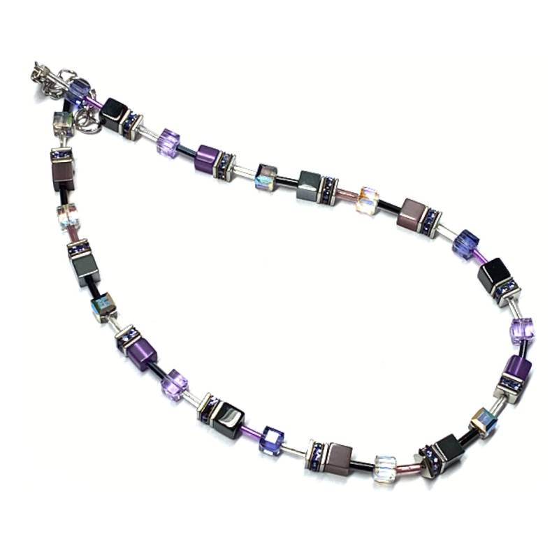 Kette Acrylwürfel Violett + Eloxierte Aluminium Elemente Glaswürfel Farbverlauf Lila Verschluß Edelstahl 41 - 45cm von EdelSchmiede925