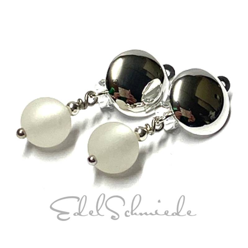 Ohrclips 925/ - Silber Acrylperle Weiß Matt 10mm Beweglich Modern Klassiker von EdelSchmiede925